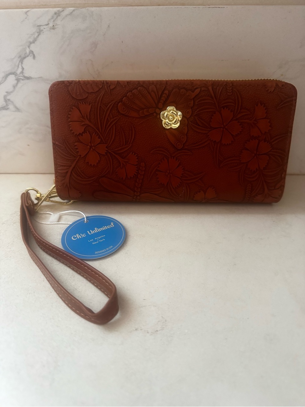 NWT- Camel Floral Embossed Wristlet Wallet with Gold Accent